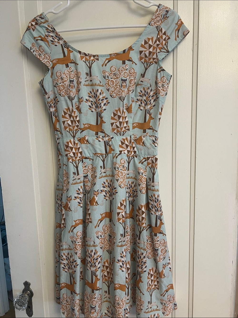 Retrolicious Light Blue Fox & Tree Fit-and-Flare Dress